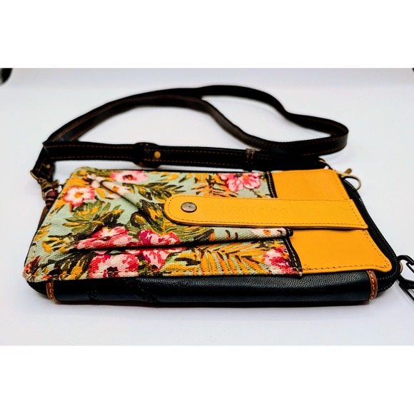 Vaan & Co Upcycled Leather Tropical Floral Crossbody Wallet Bag Yellow Black - Picture 8 of 15